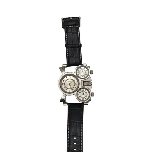 Unique Dual Time Watch With Black & Brown Genuine Leather Band & Stainless Steel - Picture 2 of 5